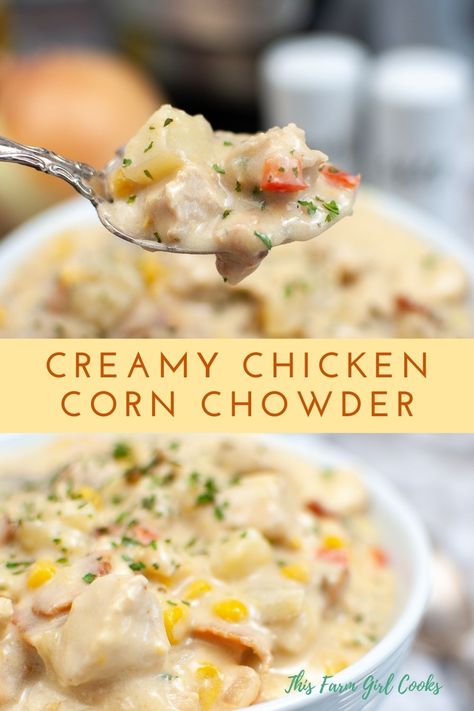 This Instant Pot Chicken Corn Chowder is a hearty soup is made with chicken and corn, along with potatoes for additional texture and flavor. It's a great way to use your Instant Pot or pressure cooker so that you can have dinner on the table in 30 minutes! #instantpot #cornchowder #souprecipe Potato Soup Cream Cheese, Corn Chowder Soup, Chicken And Corn, Chicken Chowder, Potato Corn Chowder, Chicken Corn Chowder, Canning Sweet Corn, Potato Chowder, Corn Chicken