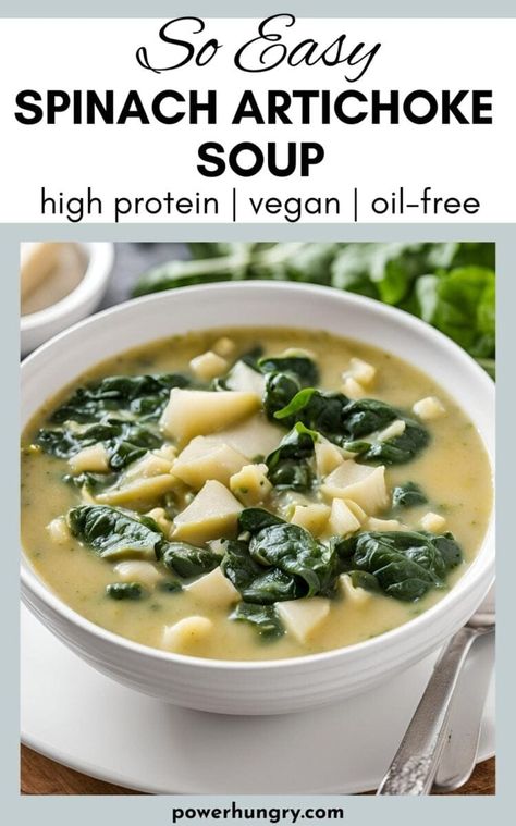 Vegan Spinach Artichoke Soup (High Protein, Easy) Tuscan Artichoke Soup, High Protein Vegan Soup, Bow Pasta Recipes, Soup High Protein, Spinach Artichoke Soup, Bow Pasta, Protein Soup Recipes, Fat Free Recipes, Artichoke Soup