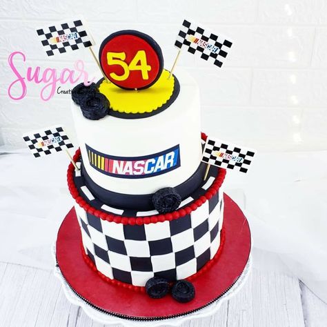 Nascar cake 🏁 #sugarcreativebakery Nascar Cake, Nascar Birthday, Checkered Cake, Nascar Party, Hockey Cakes, Pokemon Birthday Cake, Harry Potter Birthday Cake, 2 Tier Cake, Bakery Products