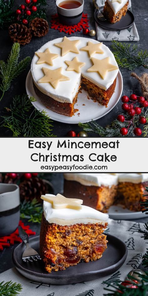 Want a great shortcut to making a quick and easy Christmas cake? Use a jar of mincemeat! #christmascake #mincemeatchristmascake #mincemeat #easychristmascake #simplechristmascake #quickchristmascake #easychristmascakedecoration #christmascakehack #christmascakecheat #cheatschristmascake #christmasbaking #easychristmasbaking #easychristmasrecipe #easychristmasrecipes #christmasbaking #makeahead #vegetarian #easyentertaining #easybaking #easyrecipes #bakingwithkids #easypeasyfoodie Mincemeat Christmas Cake, Small Christmas Cake Recipe, Mincemeat Cake Recipe, Mincemeat Cake, Best Christmas Cake, Easy Christmas Cake, Boiled Fruit Cake, Christmas Baking Easy, Fruit Cake Recipe Christmas