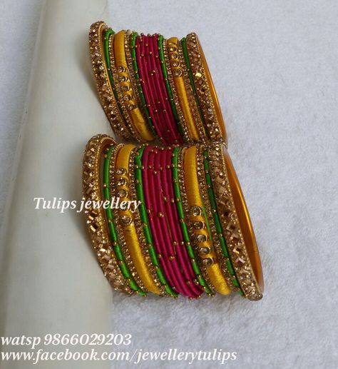 Tread Bangle Designs Latest, Embroidered Bangles, Tread Bangles, Fabric Bangles, Silk Thread Bangles Design, Silk Bangles, Silk Thread Earrings, Bridal Jewelry Sets Brides, Bridal Jewellery Inspiration