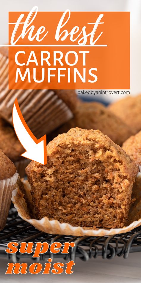 These carrot muffins are loaded with bits of carrots and cozy spices. They are super moist and perfect for breakfast or an afternoon snack. Spiced Carrot Muffins, Moist Carrot Muffins Recipe, Carrot Muffins With Applesauce, Carrot Baked Goods, Jumbo Carrot Muffins, Carrot Muffin Recipes Moist, Buttermilk Carrot Muffins, Tim Hortons Carrot Muffins Recipe, Carrot Nut Muffins