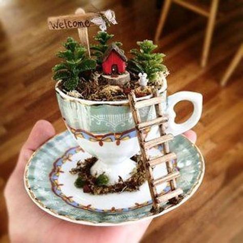 Teacup gardens might be the cutest way possible to bring a little bit of outside into your home and here is our list of most adorable fairy-like teacup gardens you can you as inspiration for creating your own. Fairy Teacup Garden, Fairy Teacup, Fairy Garden Design Ideas, Cup And Saucer Crafts, Diy Fairy Garden, Tea Cup Art, Teacup Gardens, Teacup Crafts, Fairy Garden Designs