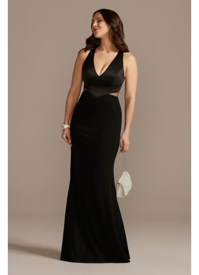 Crepe Sheath Plunge Long Gown with Illusion Cutout VW21012D Wrap Dress Bridesmaid, Prom 2022, Stylish Prom Dress, Cutout Style, Sheath Gown, Lace Ball Gowns, Prom Dresses Gowns, Davids Bridal Dresses, Long Bridesmaid Dress