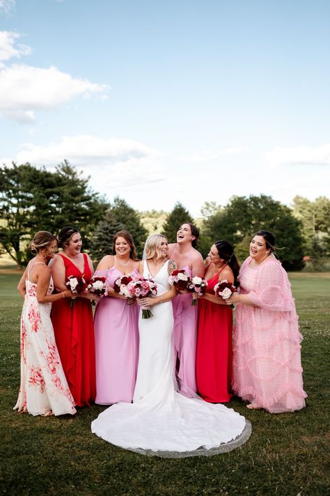 Red Pink Purple Wedding Bridesmaid Dresses, Wedding Pinks And Reds, Red And Pink Bridal Party, Red Pink Bridesmaid Dresses, Pink Red Bridesmaid Dresses, Pink And Red Bridesmaids, Pink And Red Bridesmaid Dresses, Red And Pink Bridesmaid Dresses, Mismatched Pink Bridesmaid Dresses