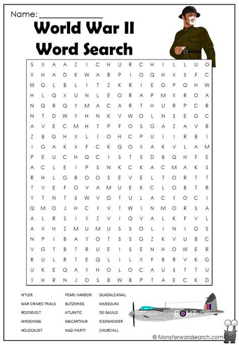 nice World War II Word Search Middle School Word Search Free Printable, World History Worksheets Free Printable, 2nd Grade Word Search Free Printable, History Word Search, Military Coloring Pages, Word Search Puzzles Printables, Free Printable Word Searches, Nursing Home Activities, Word Search Games