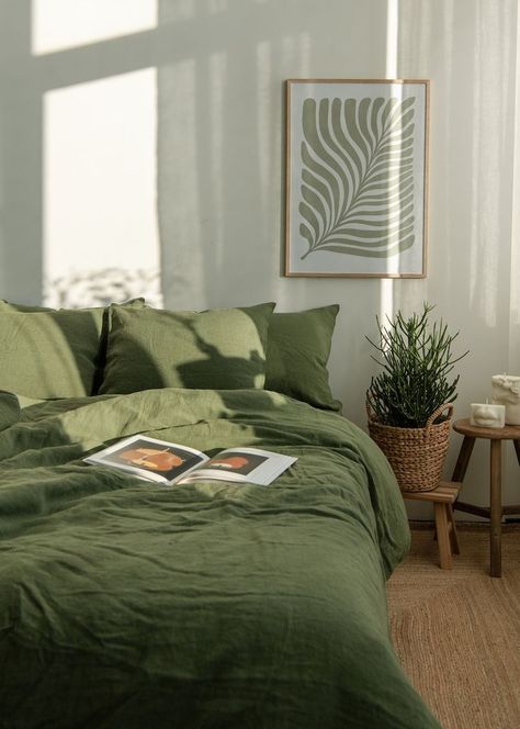 Green Bedding Aesthetic, Bedding Aesthetic, Green Bed, Green Sheets, Green Duvet, Scandinavian Bedroom, Classy Decor, Green Bedding, Bedroom Refresh