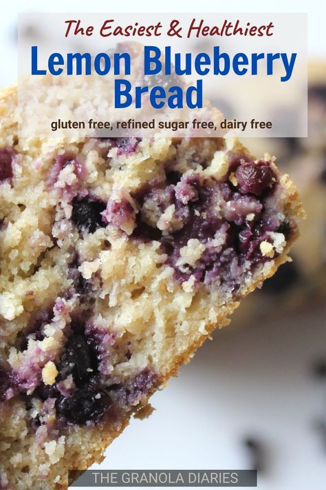 This Healthy Lemon Blueberry Bread recipe makes for a delicious breakfast, snack, or even dessert! Its easy to make, requiring only one bowl and a few pantry staples. Gluten free, dairy free, refined sugar free. #lemonblueberrybread #healthyrecipes #lemonblueberry #glutenfreedairyfree Blueberry Bread Gluten Free, Lemon Blueberry Bread Recipe, Healthy Lemon Blueberry, Sugar Free Bread, Blueberry Bread Recipe, Oat Flour Recipes, Sugar Free Breakfast, Bread Gluten Free, Sugar Free Snacks