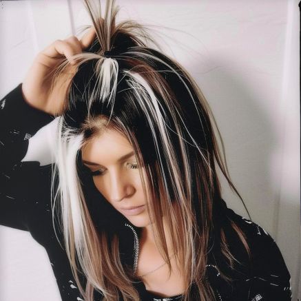 Long Hair with Spiky Bleach Streaked Top Spiky Long Hair, Black Hair With White Tips, Blonde Hair With Black Peekaboos, Peek A Boo Highlights, White Streak In Hair, The Wolf Haircut, Skunk Stripe Hair, Black And Blonde Hair, Boho Hairstyles For Long Hair