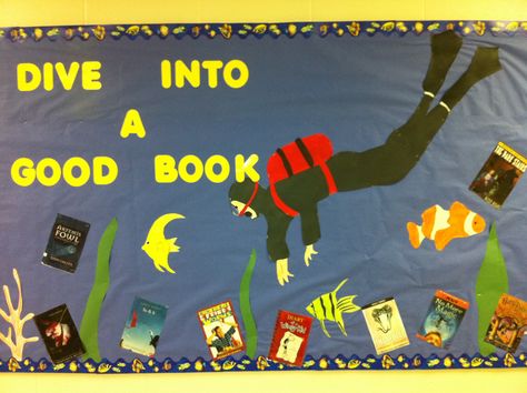 Dive into a Good Book Bulletin Board I did at Wayne Middle School. Dive Into A Good Book Display, Dive Into A Good Book Bulletin Board, Ocean Theme Library, Dive Into Reading Bulletin Board, Library Ocean Theme, Dive Into Reading, Literacy Bulletin Boards, Under The Sea Library Bulletin Board, Dive Into A Good Book