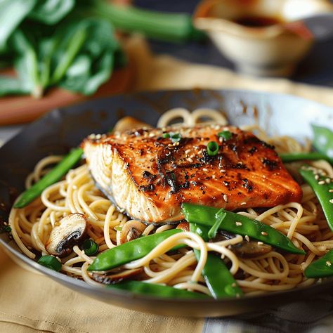 Asian Honey-Sesame Salmon Noodles - Recipes, Tasks & Tools Sesame Salmon, Salmon Noodles, Asian Salmon, Honey Glazed Salmon, Asian Noodle, Honey Sesame, Honey And Soy Sauce, Asian Noodles, Mushroom Chicken