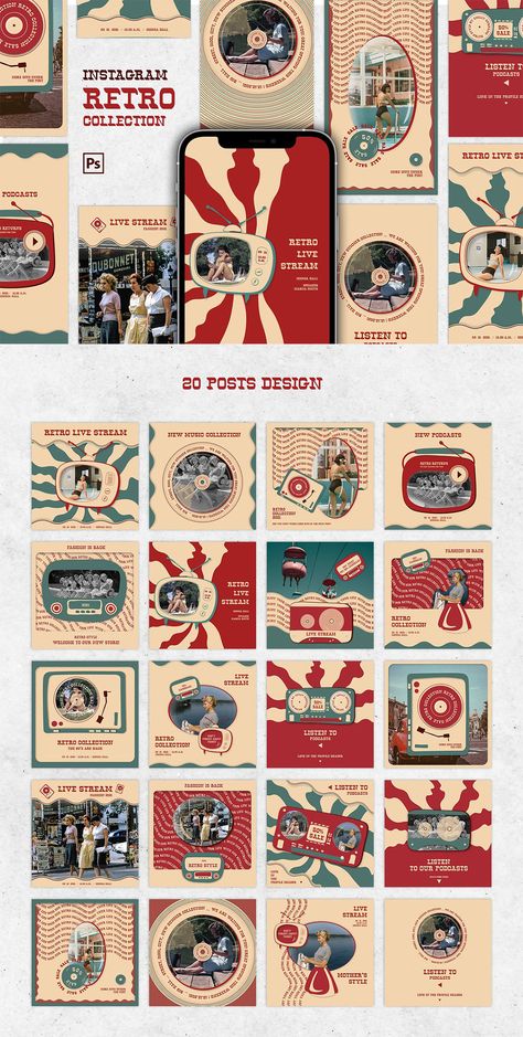 Retro Instagram Template, Retro Infographic Design, Retro Catalogue, Retro Layout Design, Retro Feeds, Retro Pubmat, Podcast Poster Design, Retro Instagram Feed, Retro Portfolio