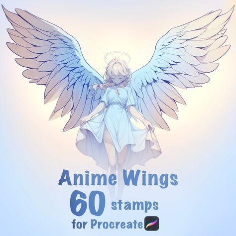 This set contains 60 angel wing stamps in a sketchy Anime style. Please check out the previews to see what they all look like. The files will be available for download right away. There are THREE files, please remember to download all! HOW TO INSTALL: After downloading, access your «Downloads» folder in your files or directly from your browser. When you click the brush packs from your files, they should open automatically in Procreate. You can also save them to your Dropbox, click the files and choose «Export» and then «Procreate». NOTE:  These are made for Procreate 5 and up. They will not work in Procreate Pocket or Photoshop. NO REFUNDS on these. They are digital files available for download right away. If you experience any issues with the downloads, please get in touch and I'll help y Anime Wings Reference, Anime With Wings, Folded Dragon Wings, Anime Angel Drawing, Open Angel Wings, Anime Angel Wings, Angel Wings Anime, Character With Wings, Wings Anime