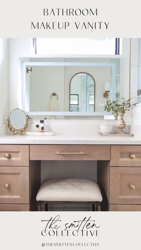 Bathroom Vanity Ideas For Makeup, Makeup Nook Bathroom, Bathroom Vanity With Chair Space, Primary Bathroom Makeup Vanity, Makeup Station In Bathroom, Bathroom Vanity Makeup Station, Built In Makeup Vanity In Bathroom, Bathroom Makeup Vanity Ideas, Bathroom Makeup Vanity