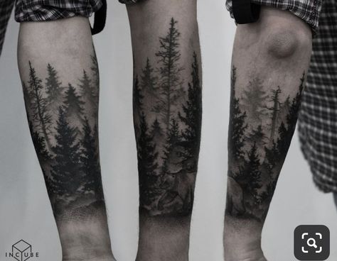 Forearm Forest Tattoo, Forest Tattoo Ideas, Forest Tattoo Sleeve, Forest Forearm Tattoo, Natur Tattoo Arm, Tree Silhouette Tattoo, Tree Sleeve Tattoo, Tattoo Mountain, Tree Tattoo Arm