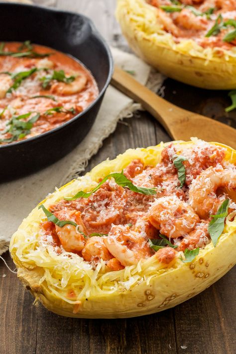 Spicy Tomato Garlic Shrimp with Spaghetti Squash Shrimp With Spaghetti, Spaghetti Squash Shrimp, Pan Shrimp, Pasta Alternative, Shrimp Dinner, Squash Recipe, Spaghetti Squash Recipes, Garlic Shrimp, Spicy Sauce