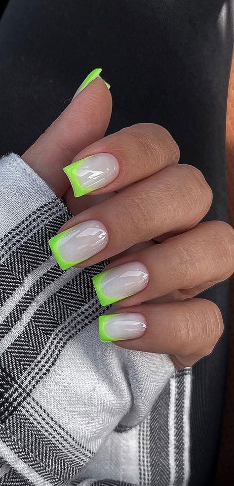 29. Neon Green French Tips Whether you're prepping for a special occasion or simply want to add a touch of glamour to your everyday look, our collection of 40 stunning nail ideas has you covered. Luminous Green Nails Design, Nail Ideas Green And White, Nail Ideas Neon, Neon Green Nails Design, Nail Ideas Green, Green French Tips, Nails Bow, Minimal Nail, Cute Nail Ideas