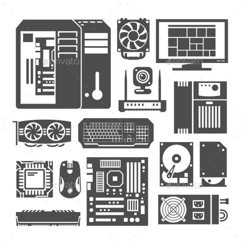 Simple black icons set. PC components. Computer store. Assembling a Desktop Computer. Custom Gaming Computer, Tech Tattoo, Cartoon Template, Pc Builds, Computer Vector, Chip Art, Astronaut Wallpaper, Pc Components, Design Illustrations