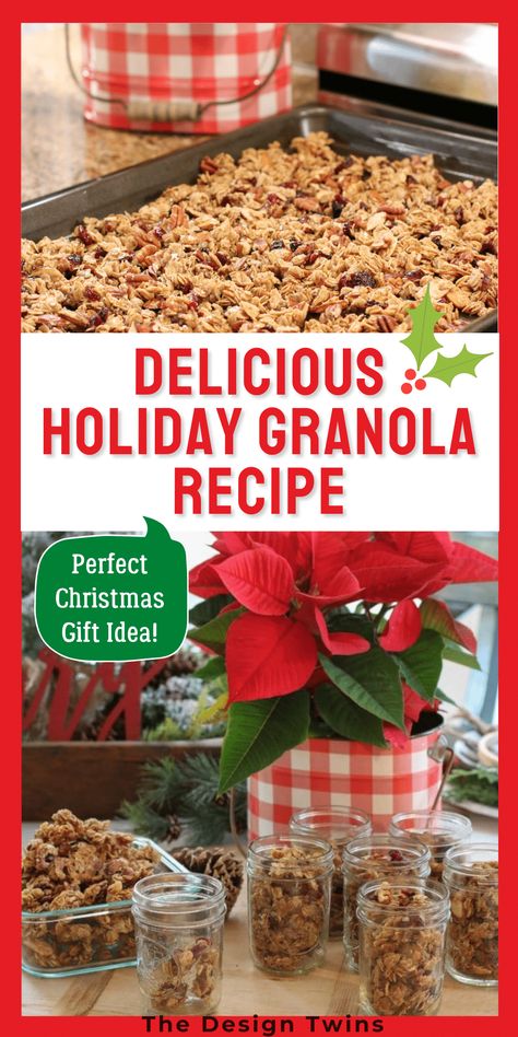 Learn how to make delicious holiday granola this season with The Design Twins. Make the best granola you’ve ever tasted and create homemade treats to give this Christmas & all year long! Handmade gifts are always special. Make the best granola you've ever tasted and create homemade treats to give this Christmas & all year long! Handmade gifts are always special. Holiday Granola Recipe, Holiday Granola, Christmas Granola, Best Homemade Granola, Granola Gift, Diy Granola, Holiday Apps, Food In A Jar, Cranberry Bliss Bars