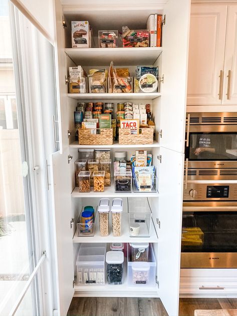 Deep Pantry Organization, Narrow Pantry, Deep Pantry, Kitchen Cupboard Organization, Small Pantry Organization, Organized Pantry, Pantry Organisation, Pantry Shelves, Kitchen Storage Hacks