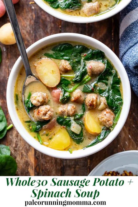 This savory and hearty Sausage Potato Soup with Spinach is a quick and easy comforting meal made in one pot that’s packed with flavor and nutrients. It’s Paleo, dairy-free, gluten-free, Whole30 compliant and perfect for healthy weeknight dinners. #AD #jonesdairyfarm #cleaneating #paleo #whole30 Healthy Soup With Potatoes, Whole30 Soups, January Whole30, Whole30 Sausage, Cooking Staples, Gf Soups, Noodles Dinner, February Recipes, Broth Bowls