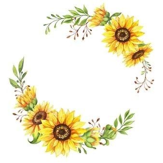 Flower Wreath Drawing, Sunflower Logo, Sunflower Frame, Roxy Logo, Sunflower Watercolor, Sunflower Drawing, Yellow Blossom, Flower Graphic Design, Wreath Drawing