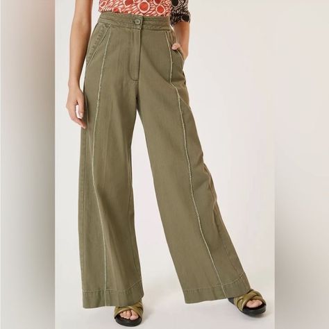 Anthropologie Brand Tiny Wide Leg Pants Nwt No Flaws Waist 15 Inches Flat Hips 22 Inches Flat 14 Inch Rise 31 Inch Inseam 45 Inches Long Sn 2279 Linen Culottes, Khaki Trousers, Olive Green Pants, Romantic Blouses, Anthropologie Brands, Green Pants, 50 Fashion, Wide Leg Jumpsuit, Khaki Green