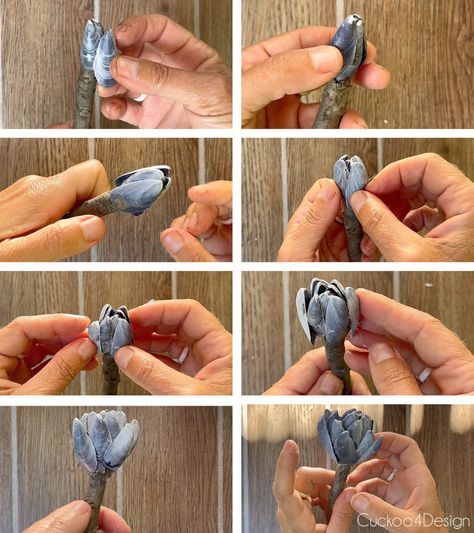 DIY mussel shell craft that looks like a protea flower - Cuckoo4Design Flowers From Shells, Mussel Shell Crafts Ideas, Mussel Shell Crafts, Coastal Airbnb, Seashell Creations, Blue Seashells, Blue Mussel, Shells Art, Coastal Crafts