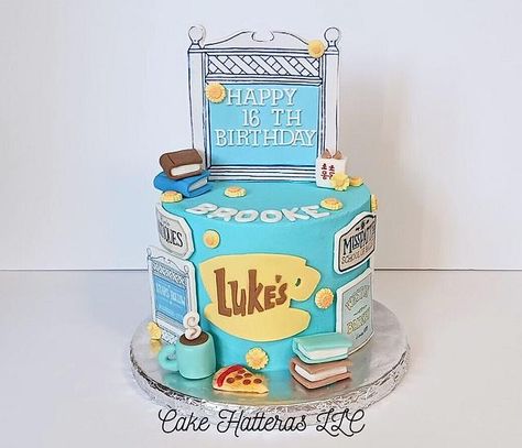 Gilmore Girls Birthday Cake, Gilmore Girls Themed Birthday Party, Gilmore Girls Cake, Gilmore Girls Birthday Party, Gilmore Girls Birthday, Gilmore Party Ideas, Iced Cake, Girls Cake, Cake With Fondant