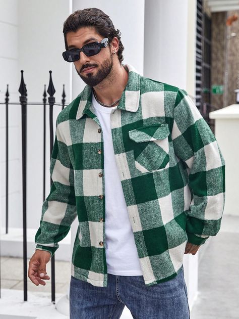 Green Casual Collar Long Sleeve Woven Fabric Gingham  Embellished Non-Stretch  Men Plus Size Clothing Men Shacket Outfit, Check Shirt Man Fashion Styles, Green Flannel Outfit Men, Green Flannel Outfit, Plus Size Male Fashion, Checked Shirt Outfit, Mens Plus Size Fashion, Plus Size Mens Fashion, Plus Size Male