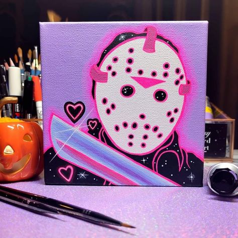 Painting Ideas On Canvas Scream, Cute Horror Painting, Horror Paintings Easy, Horror Acrylic Painting Ideas, Horror Movie Paintings Canvas, Easy Spooky Paintings, Y2k Painting Ideas, Y2k Canvas Painting, Pink Horror Painting