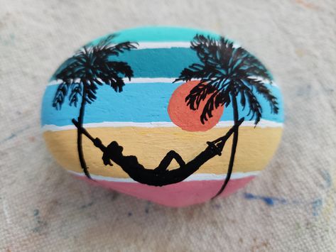 Painted Rock, Beach, Hammock, Palm Trees, Palms, Sunset, Sunrise, Endless Summer, Stripes, #SSBMandi Rock Crafts Diy, Seashell Art Diy, Beach Hammock, Rock Beach, Diy Rock Art, Mandala Painted Rocks, Happy Stones, Painted Rocks Craft, Rock Painting Ideas Easy