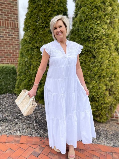 Over 40 Fashion Blogger, Tania Stephens is keeping wearing a white tiered maxi dress with a straw bag 10 Tiered Dress Outfit, Tania Stephens, White Tiered Dress, Over 40 Fashion, 50 Is Not Old, Maxi Shift Dress, Amazon Influencer, Mommy Dearest, 40 Fashion