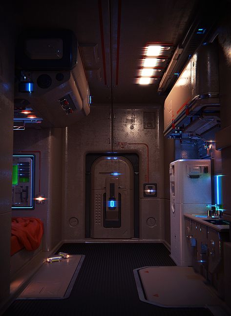 Spaceship Cabin, Sci Fi Apartment, Futuristic Apartment, Cyberpunk Interior, Sci Fi Room, Science Fiction Kunst, Cyberpunk Room, Scifi Interior, Spaceship Interior