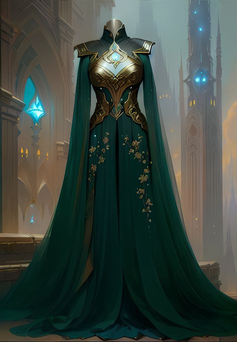 Formal Fantasy Dress, Armor Ballgown, Sarah Fantasy Gown, Green Queen Dresses, Got Dresses Style, Asgardian Dress Green, Fantasy Dress Armor, Fanstay Clothes, Elvin Dresses