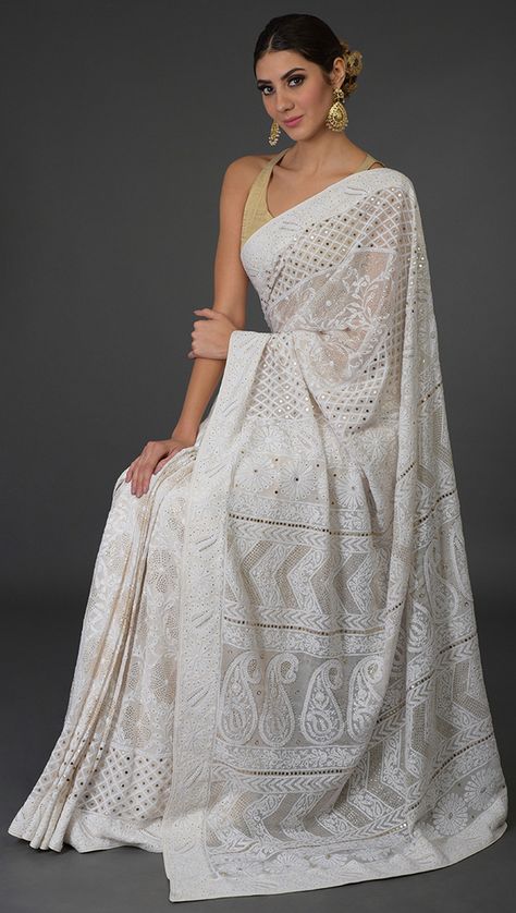 White Indian Outfit, White Sari, Pure Georgette Sarees, Indian Sari Dress, Sari Dress, Indian Saree Blouses Designs, Indian Fashion Saree, White Saree, Desi Clothes