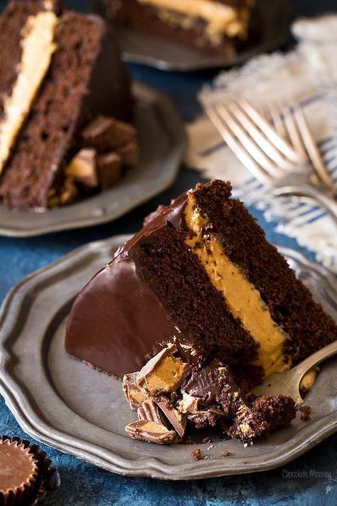 This two layer Buckeye Layer Cake, aka chocolate peanut butter fudge cake, is made with fudgy chocolate cake layers with a creamy peanut butter filling then covered in chocolate ganache. It�s the ultimate celebration cake when you reach those special mile Buckeye Cake, Peanut Butter Fudge Cake, Fudge Cake Recipe, Butter Desserts, Chocolate Peanut Butter Fudge, Butter Fudge, Peanut Butter Cake, Peanut Butter Desserts, Tasty Chocolate Cake