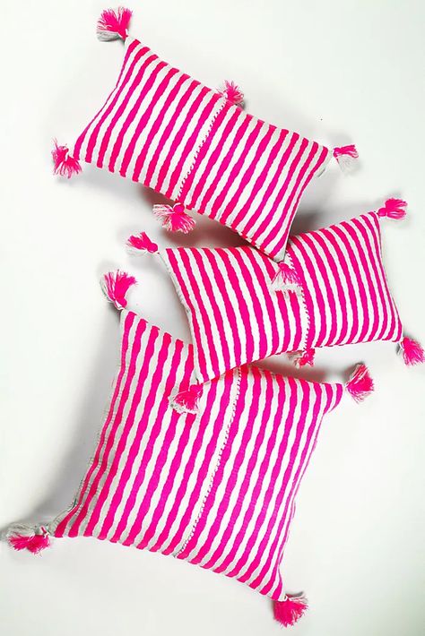 Bedding - Bohemian & Unique Bedding | Anthropologie Anthropologie Bedding, Guatemalan Textiles, Domino Magazine, Neon Stripes, Unique Beds, Garden Pillows, Ikat Pillows, Hand Woven Textiles, Pink Pillows