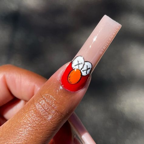 Sesame Street Kaws Nails, Elmo Kaws Nails, Elmo Nails Acrylic, Sesame Street Nails Acrylic, Sesame Street Nails, Elmo Nails, Kaws Nails, Kaws X Sesame Street, Ombre Acrylic Nails