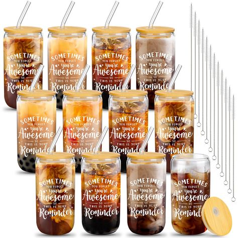 PRICES MAY VARY. Package Includes: you will receive 12 set of can shaped glass cups, each set includes 1 coffee glasses, 1 straws, and 1 straw brushes, which are enough for your daily use and replacement; You can also share these lovely glasses with your teachers, colleagues and family Size Information: our glass iced coffee cups measure approx. 5.75 inches/ 14.6 cm in height, the diameter is about 2.6 inches/ 6.6 cm, the straws and straw brushes are about 8 inches/ 20.3 cm in length; The capaci Gifts For Staff, Employee Thank You, Staff Gifts, Employee Appreciation Gifts, Teachers Day Gifts, 80th Birthday Party, Employee Appreciation, Glass Cups, Employee Gifts