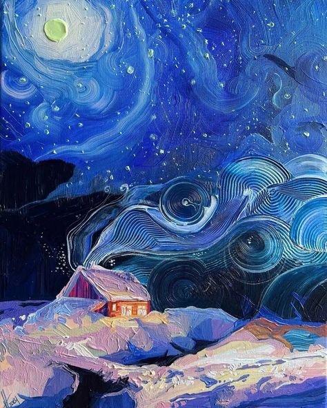 Anastasia Trusova, Impasto Paintings, Italy Art, Impasto Painting, Rural Life, Impressionist Paintings, Acrylic Canvas, Winter Night, Bedtime Stories