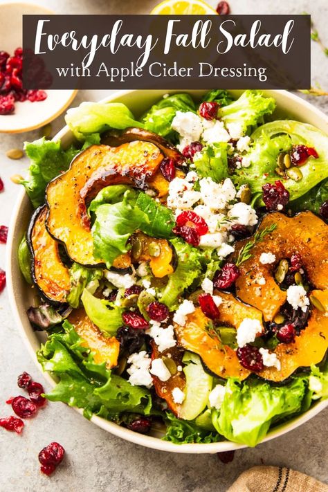 This Easy Everyday Fall Salad recipe features maple syrup-roasted squash, tart cranberries, crunchy pumpkin seeds, and tangy goat cheese, all atop a bed of baby salad greens. Sheet Pan Mediterranean, Mediterranean Shrimp Recipe, Squash Tart, Shrimp Salad Sandwich, Mediterranean Shrimp, Suddenly Salad, Autumn Salad Recipes, Fall Salad, Squash Varieties