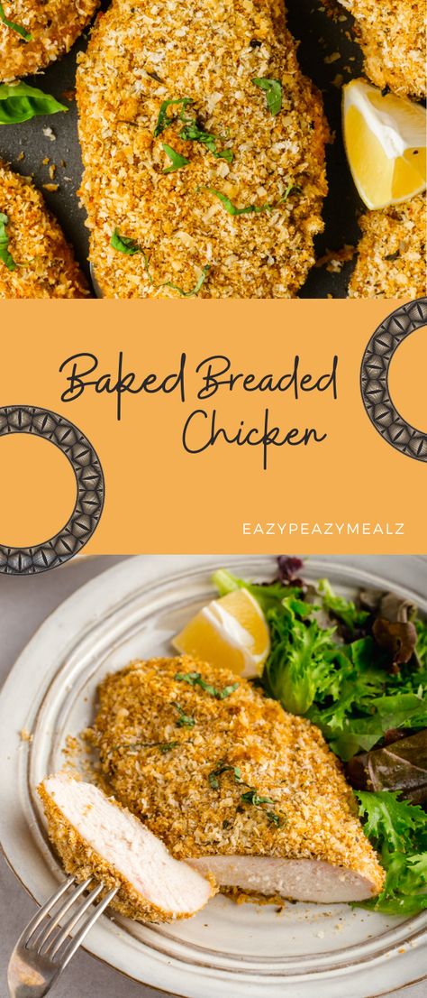 Bake Breaded Chicken, Light Breaded Chicken, Chicken Recipes With Bread Crumbs, Chicken Coating Recipes, Breaded Baked Chicken Recipes, Breaded Chicken Dinner Ideas, Chicken And Bread Crumbs Recipes, Bread Crumbs Recipe Chicken, How To Bread Chicken