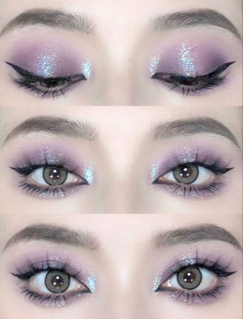 Purple Eyeshadow Hazel Eyes, Purple Asian Makeup, Korean Purple Makeup, Douyin Makeup Purple, Purple Sparkly Makeup, Purple Douyin Makeup, Violet Makeup Look, Purple And Silver Makeup, Soft Purple Makeup