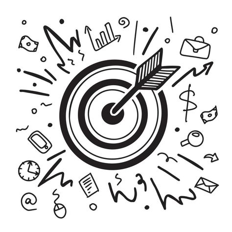 Business target and arrow reaching the center. Analysis vector doodle illustration. Growth strategy or financial goal concept. Growing graph and target as successful entrepreneurship metaphor. Arrow Doodle, Vector Doodle, Fruit Coloring Pages, Healthy Advice, Dream Symbols, Doodle Coloring, Doodle Illustration, Growth Strategy, Financial Goals