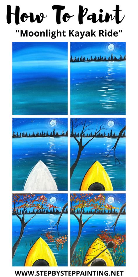 Kayak Painting Ideas, Easy Step By Step Painting For Beginners, Summer Acrylic Painting Ideas, Easy Acrilyc Painting Ideas, First Person Point Of View, Canvas Painting Tutorial, Kayak Art, Sparkling Night, Painting Night