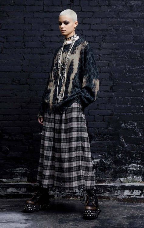 Earth Punk Fashion, Punk Kilt Outfit, Winter Punk Outfits Grunge Fashion, Punk Long Skirt, Industrial Punk Fashion, Punk Christmas Outfit, Modest Punk Outfits, Audrick Dr Martens Outfit, Alternative Winter Fashion