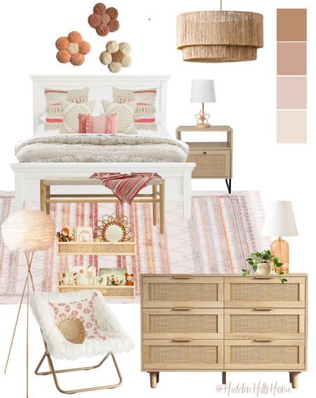 Pink Hobo Bedroom, Teen Boho Bed, Teenage Boho Room, Boho With Color Bedroom, Girls Bohemian Bedroom Ideas, Boho Bedroom Kids Girl, Girls Bedroom Furniture Ideas, Girly Boho Bedroom Pink, Boho Pink And Orange Bedroom