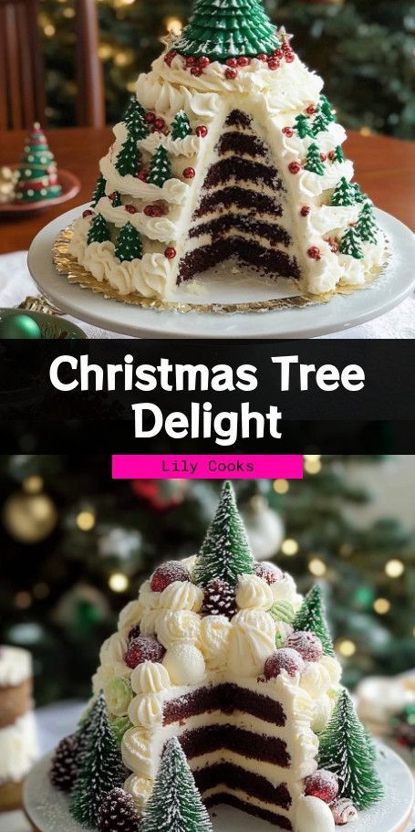 Christmas Tree Cake Delight: A Festive Holiday Centerpiece Indulge in the magic of the season with our Christmas Tree Cake Delight! This eye-catching cake features layers of moist batter and creamy buttercream, adorned with festive decorations to capture the holiday spirit. Perfect for holiday tables, it's both a visual and culinary treat for family and friends. ..... Traditional Christmas Cake, Easy Christmas Cake Recipe, Christmas Cookie Cake, 3 Layer Cakes, Holiday Cupcakes, 3d Christmas Tree, Christmas Cake Recipes, Tree Cake, Christmas Tree Cake