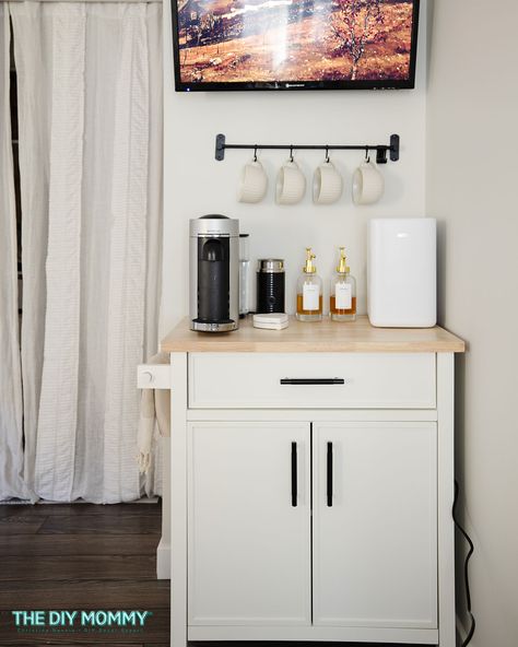 Bedroom Coffee Station Ideas - Perfect DIY Corner Bar! | The DIY Mommy Diy Corner Bar, Small Space Coffee Bar, Bedroom Coffee Station, Cofee Bar, Coffee Station Ideas, Diy Coffee Station, Small Space Hacks, Space Coffee, Coffee Station Kitchen